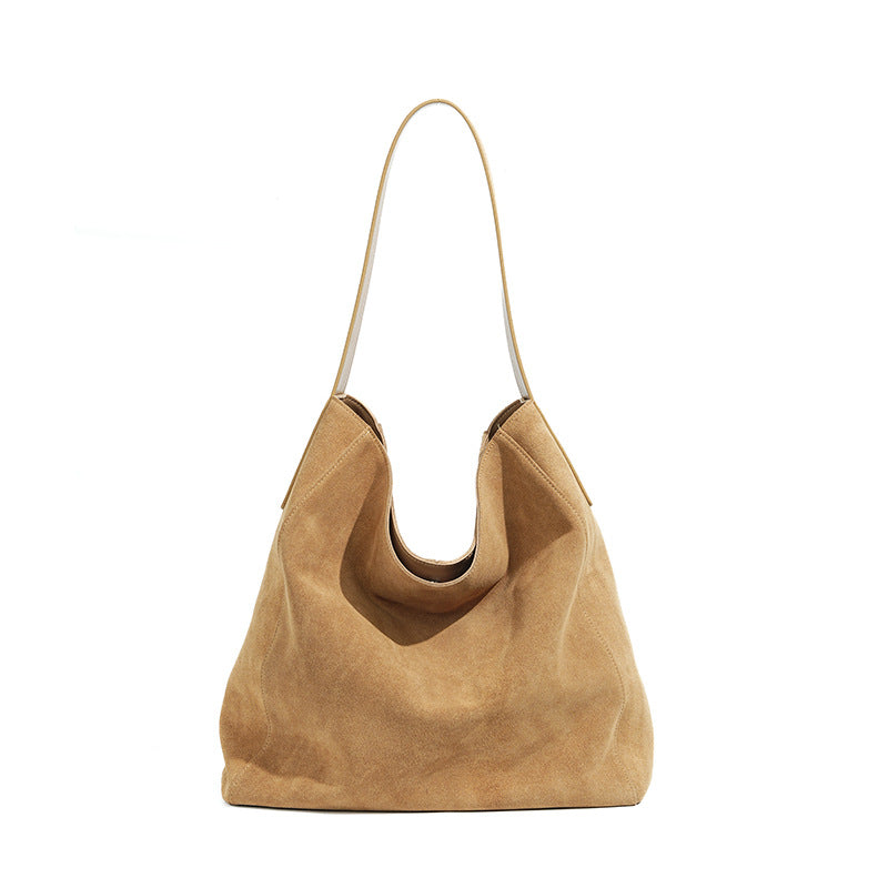 Women's Minimalist Suede Leather Tote Bag - Genuine Leather Shoulder Bag with Zipper Pockets
