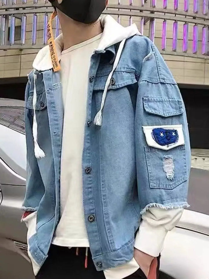 Men's Full Size Distressed Patchwork Hooded Denim Jacket Plus
