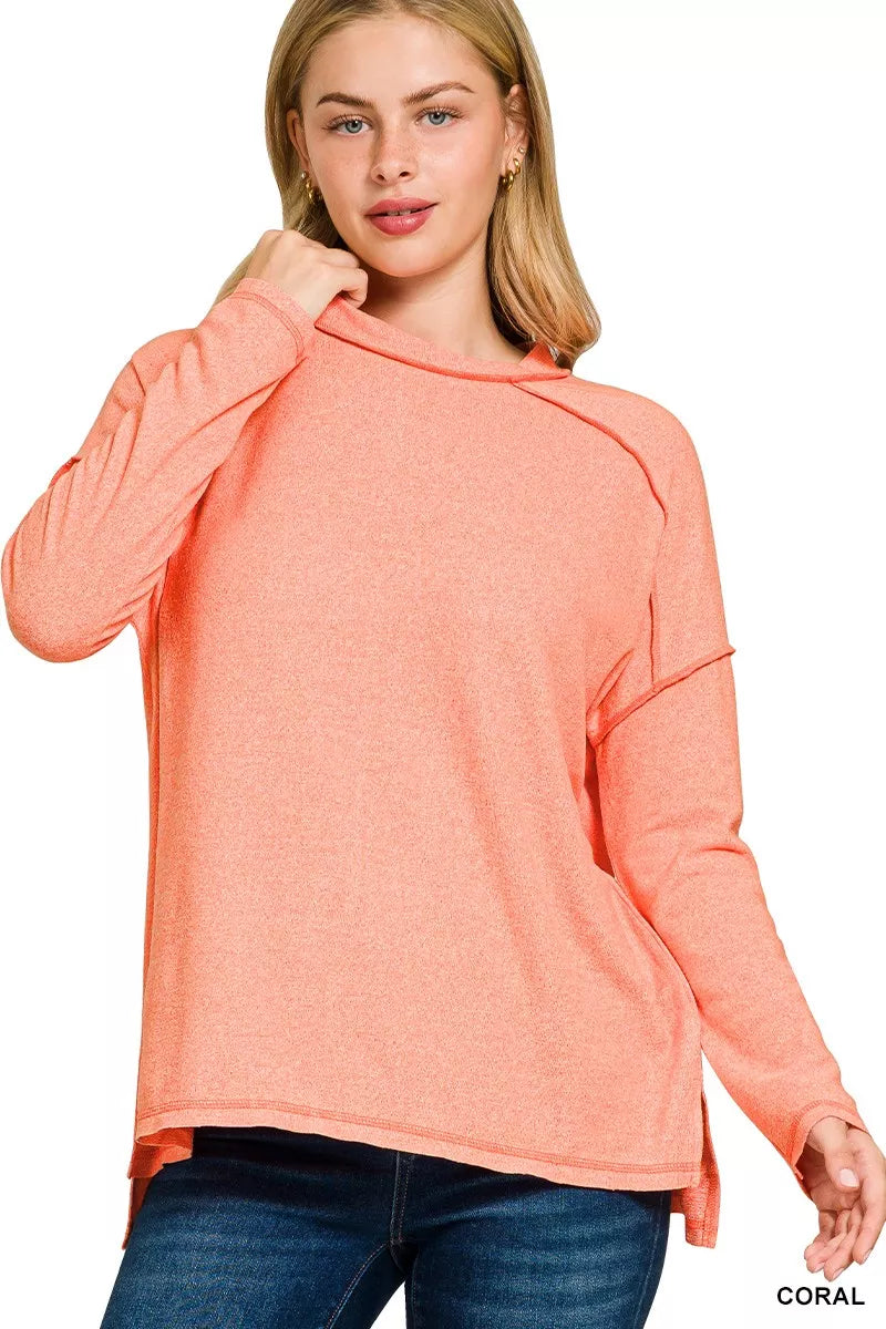 Curve Melange Hacci Exposed Seam High-Low Tee — Coral