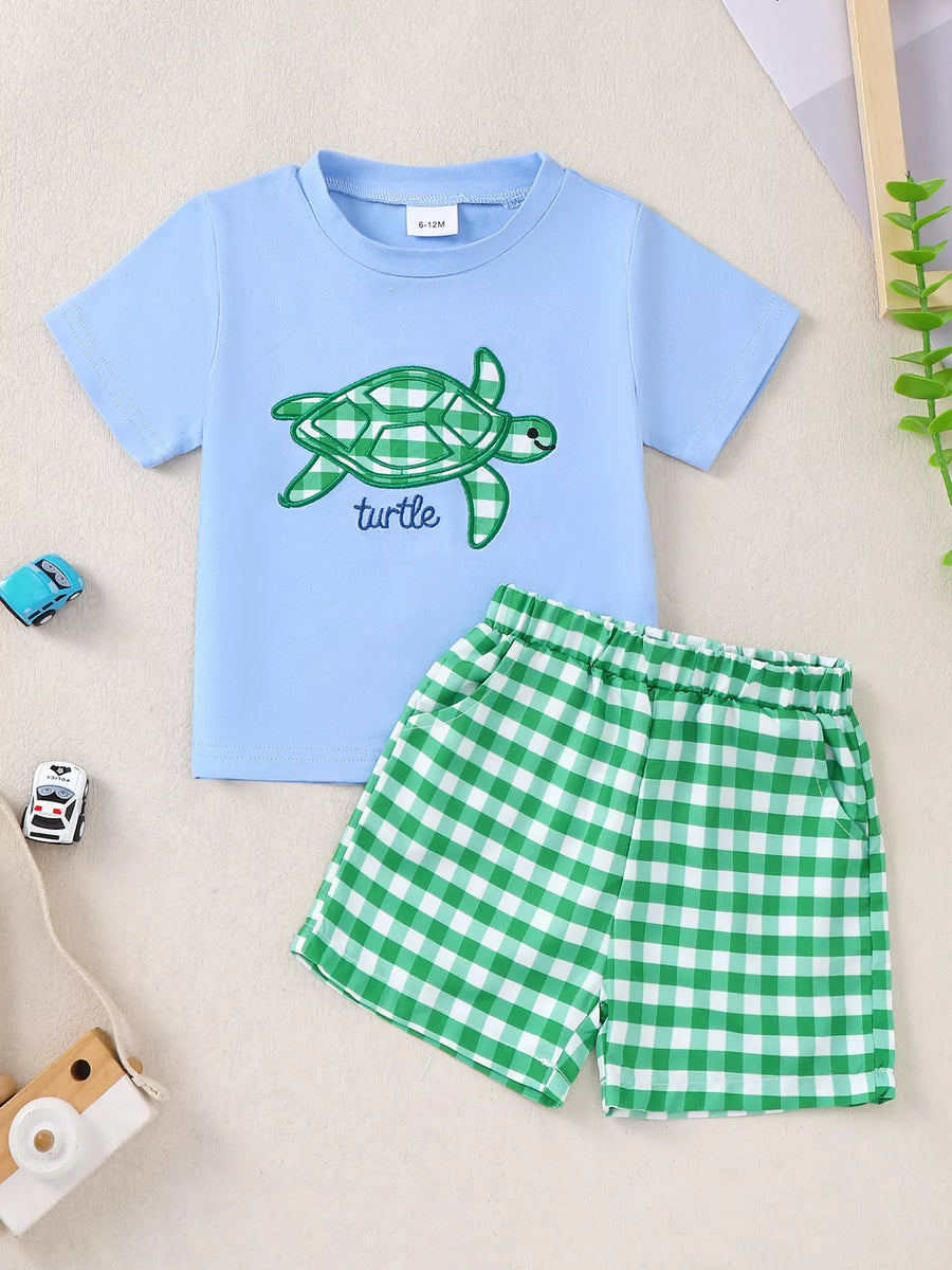 Turtle T-Shirt & Gingham Shorts Set — Blue