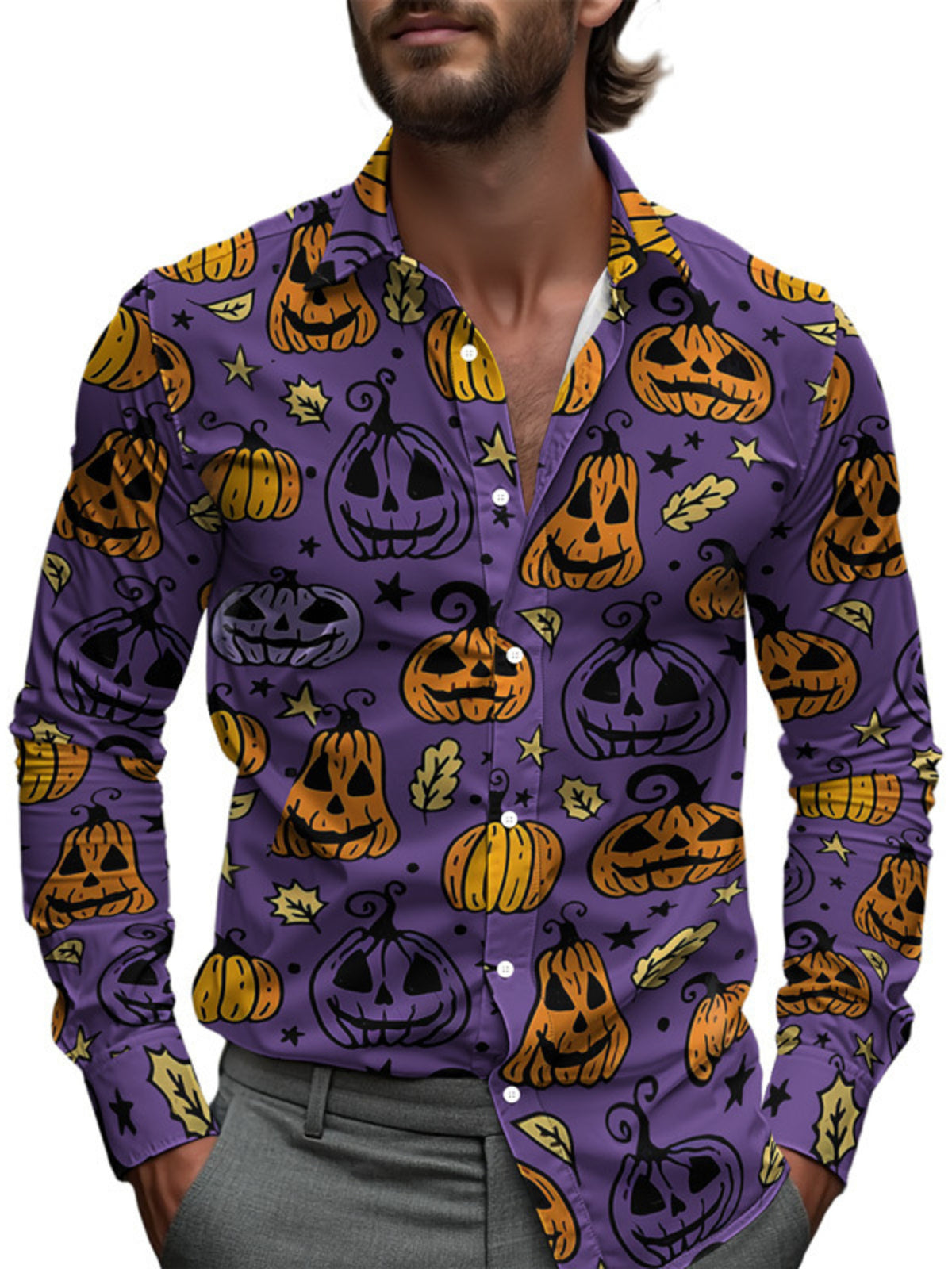 Men's Plus Size Halloween Print Button-Down Shirt
