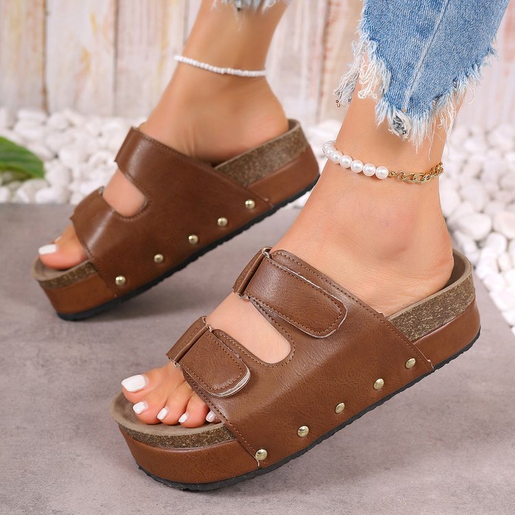 Women's Platform Sandals with Velcro Straps - Thick Sole Beach Shoes with Rivet Details