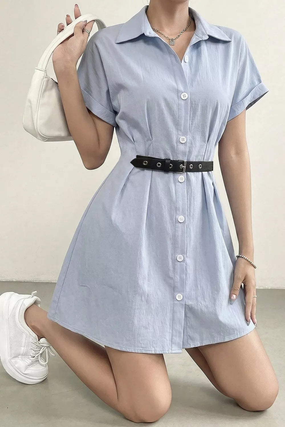 Light Blue Button-Up Shirt Dress