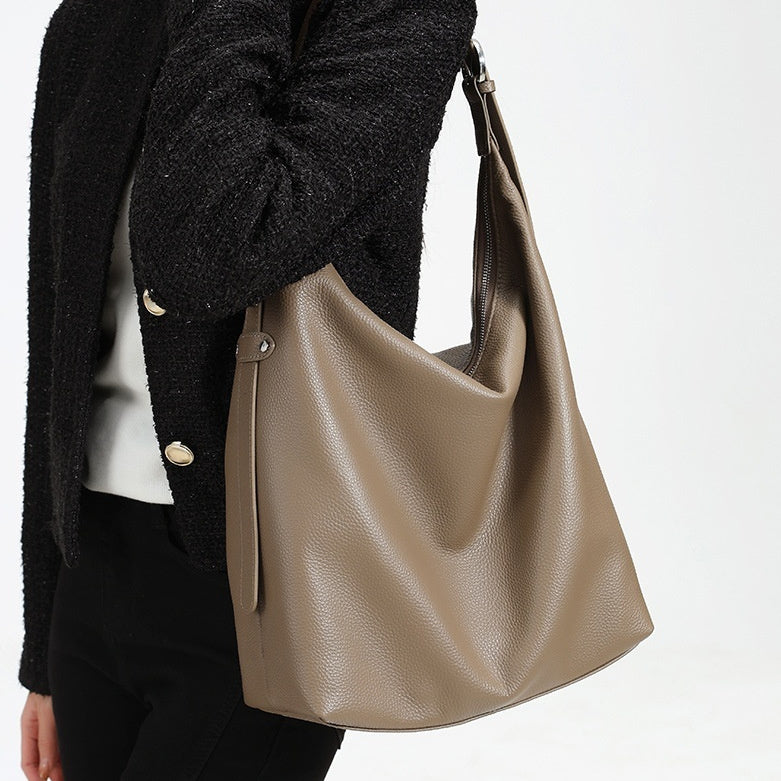 Women's Genuine Leather Bucket Shoulder Bag – Large Capacity Everyday Handbag