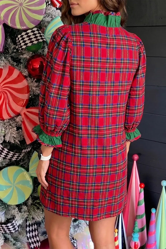 Another view: Plaid Ruffle Cuff Button Front Pocket Mini Dress