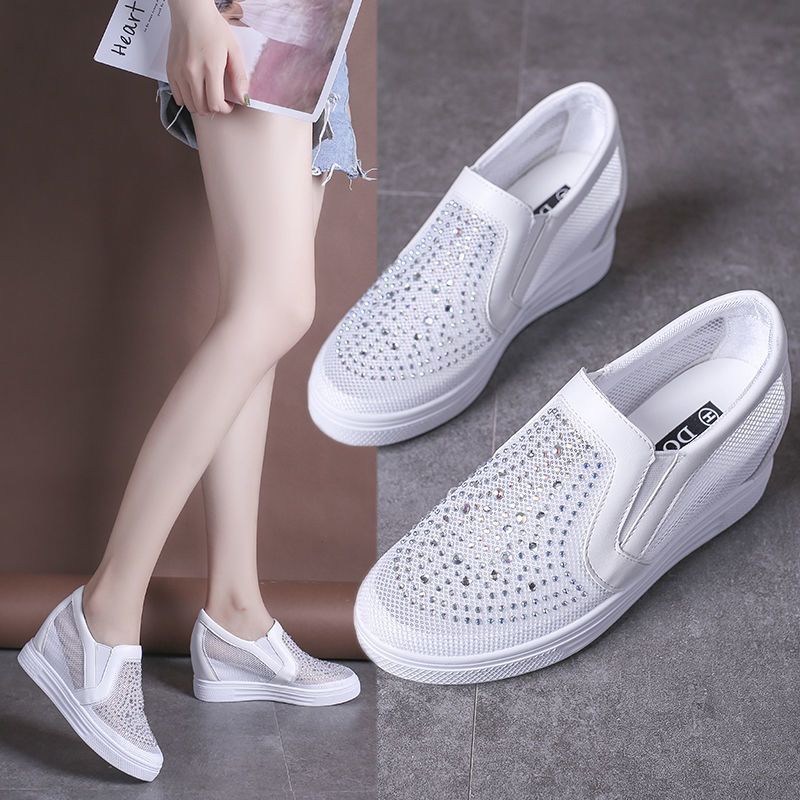 Women's Breathable Mesh Hidden-Heel Sneakers – Lightweight Rhinestone Casual Shoes