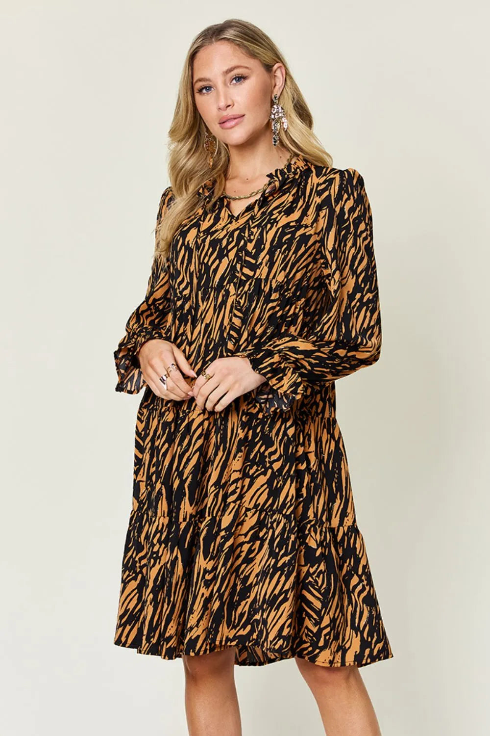 Plus Size Printed Ruffle-Hem Long-Sleeve Dress