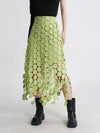 Cascading disc-fringe asymmetrical midi skirt
