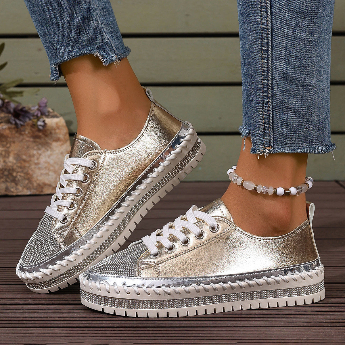 Women's Plus-Size Chunky Sole Sequin Sneakers | Lace-Up Low-Top | Gold Silver Black White