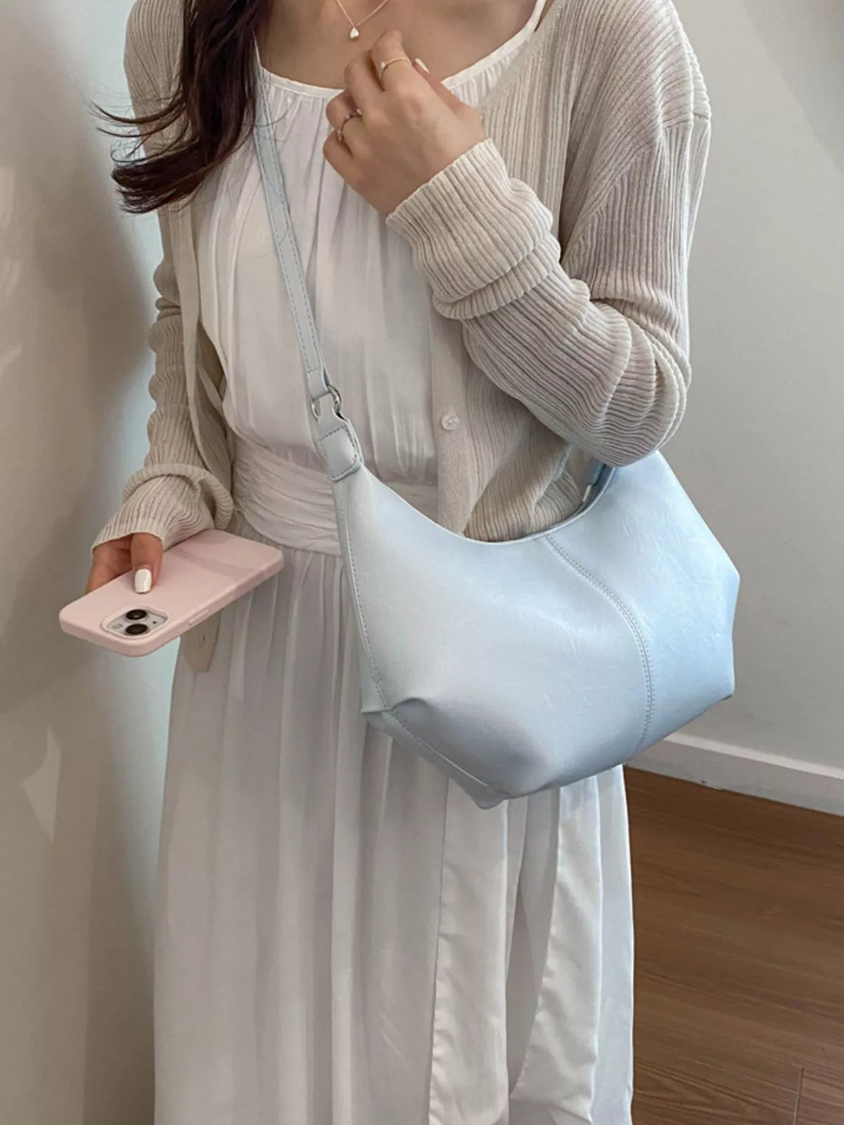 Blue Adjustable-Strap PU Leather Crossbody Bag
