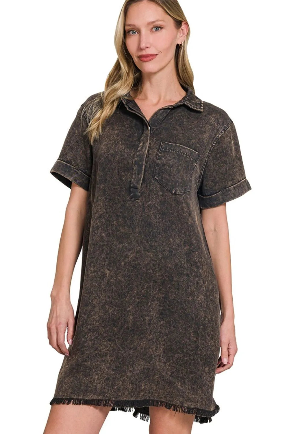 Tencel Mineral Washed Collared Shirt Dress — Ash Black