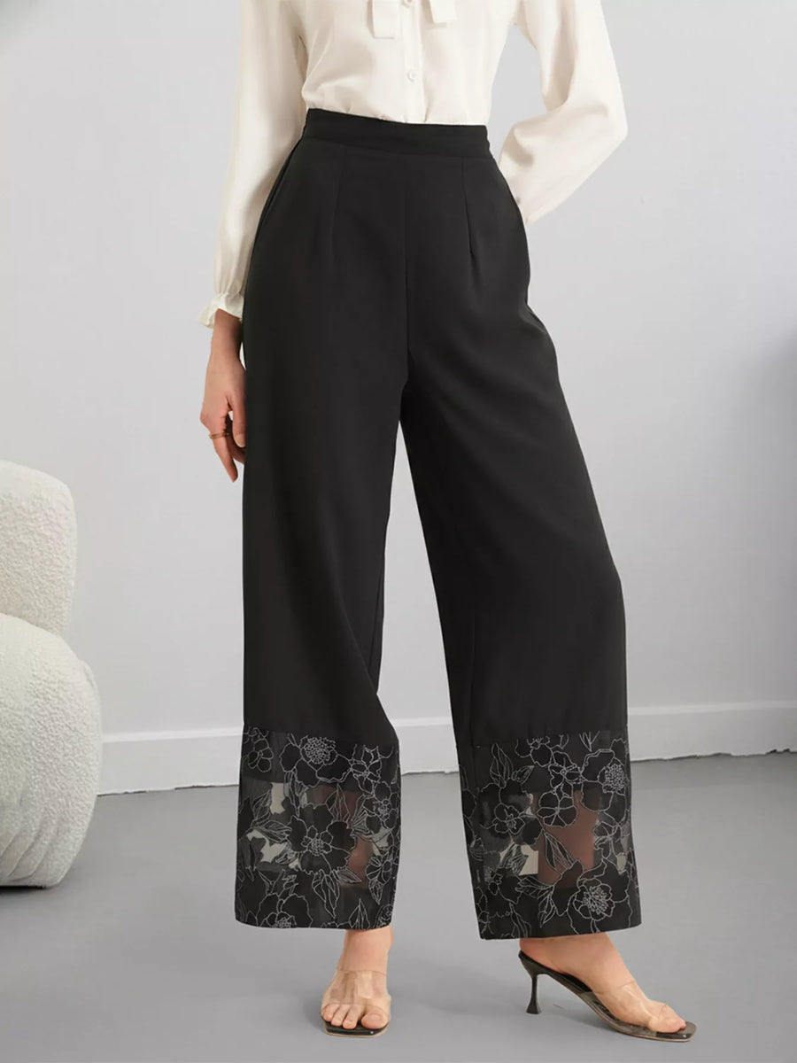Dahlia Floral Lace Hem Wide-Leg Pants