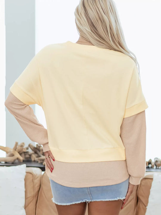 Another view: Layered Patchwork Crewneck Sweatshirt — Beige