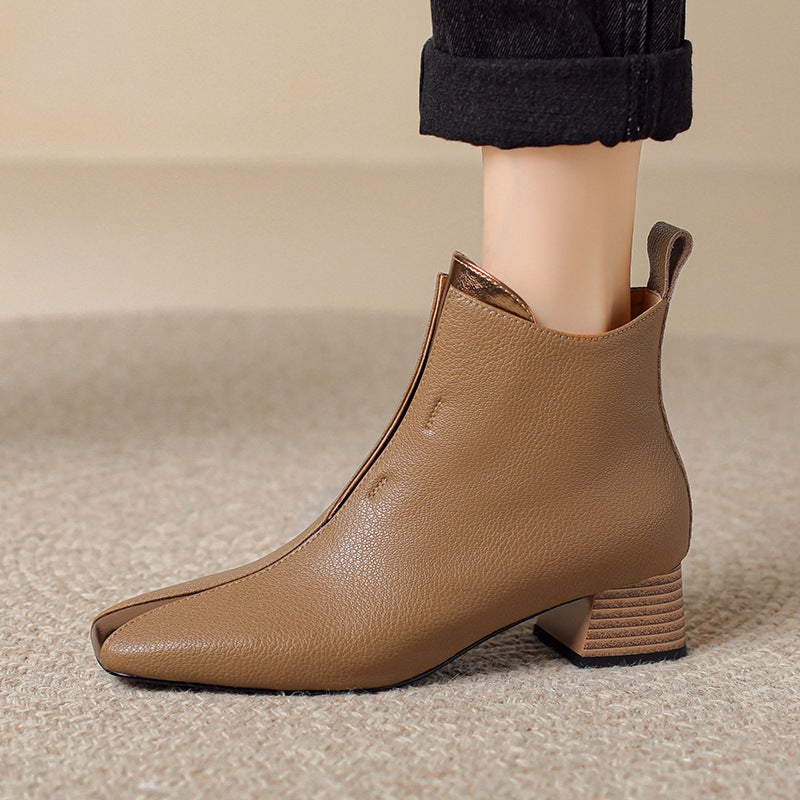 Women's Retro Square-Toe Sheepskin Ankle Boots | Chunky Heel Side-Zip
