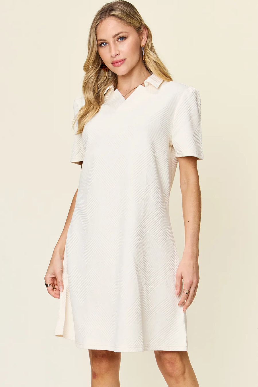 Textured Collared Short-Sleeve Dress — Full Size