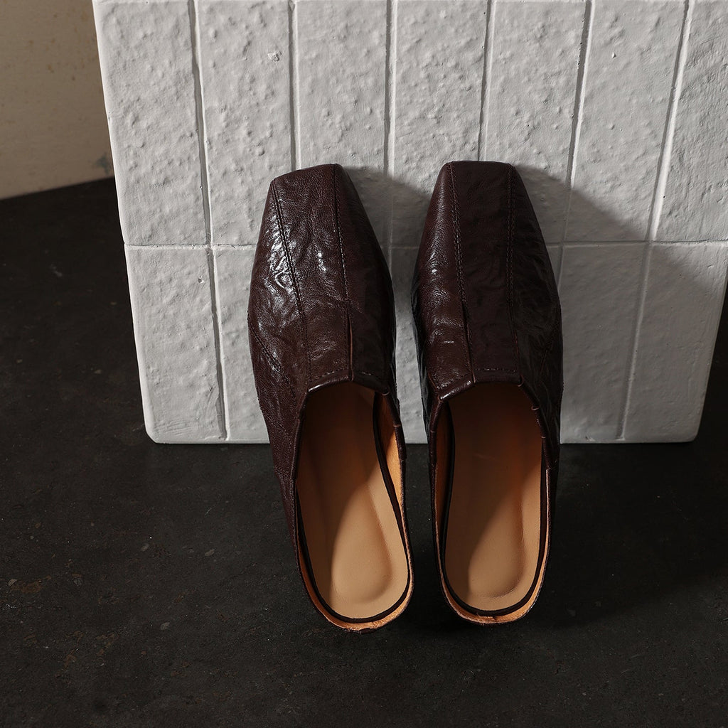 Women's Washed Cowhide Square-Toe Mules | Low Block Heel Backless Shoes