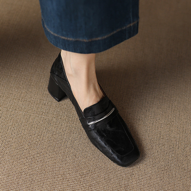Women's Square-Toe Chunky Heel Sheepskin Leather Pumps - Mid Heel Slip-On Dress Shoes