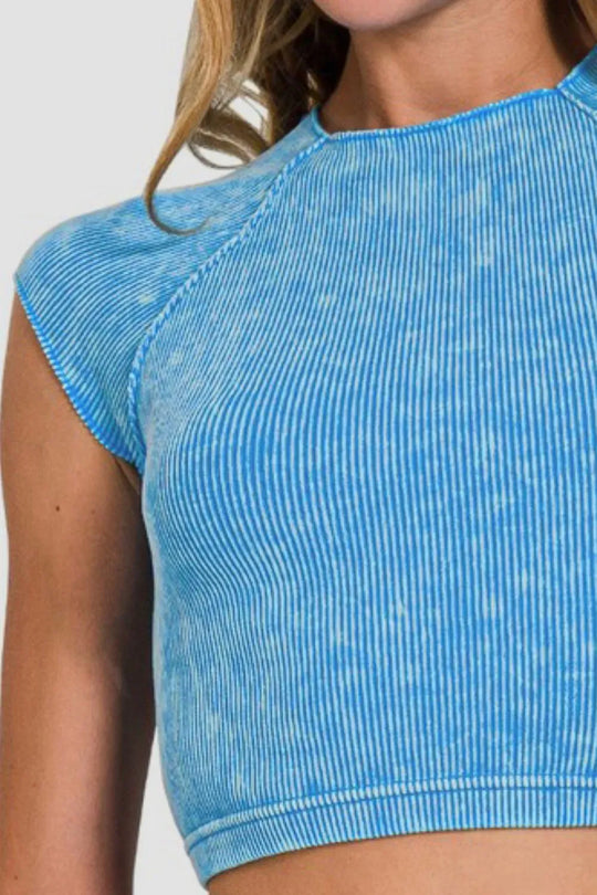 Another view: Ribbed Round Neck Cropped Top — Sky Blue