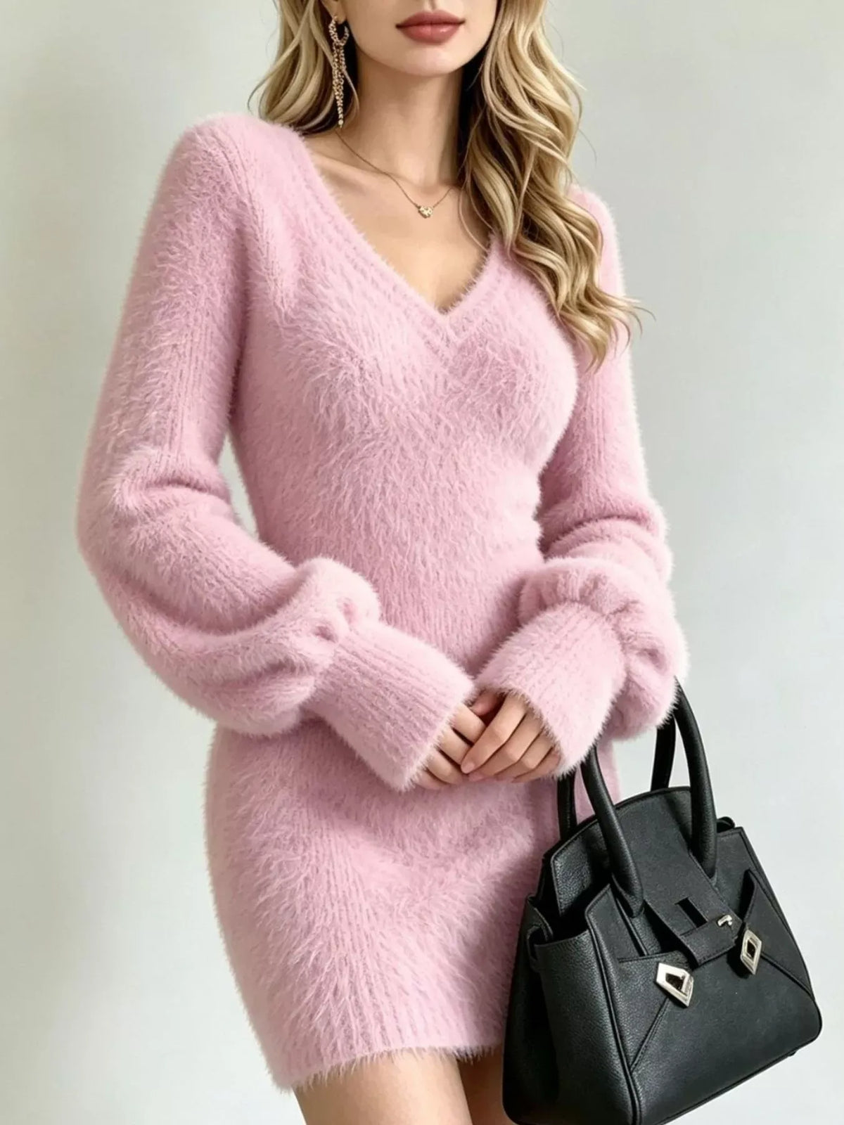 Fuzzy V-Neck Long-Sleeve Sweater Dress — photo 3