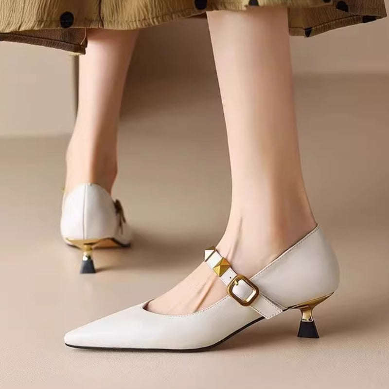 Women's Pointed-Toe Stud Heels | Single-Strap Buckle Flats with Rivet Detail