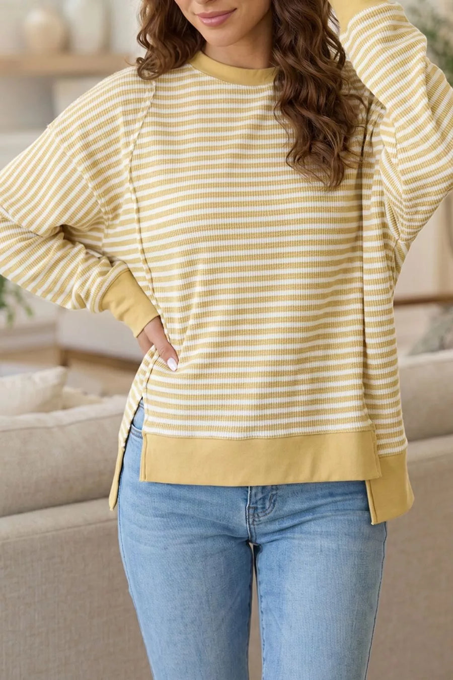 Striped Textured Knit Split-Hem Top