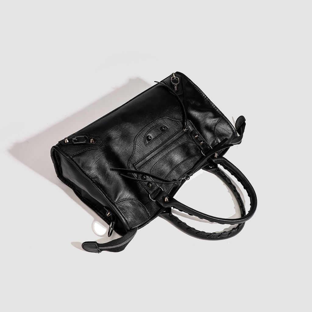 Women's French-Style Studded Biker Crossbody Bag - Premium PU Leather Shoulder Bag
