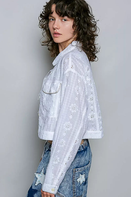 Another view: POL Eyelet Textured Cotton Cropped Button Front Jacket