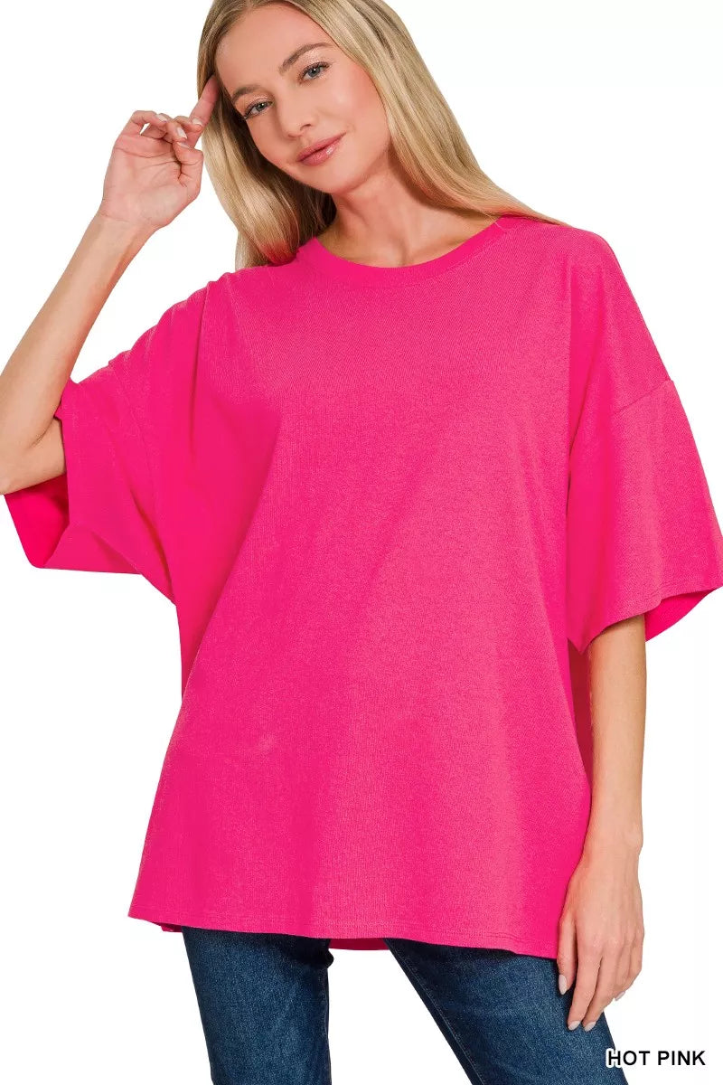 Cotton Short Sleeve Oversized Tunic Tee — Hot Pink