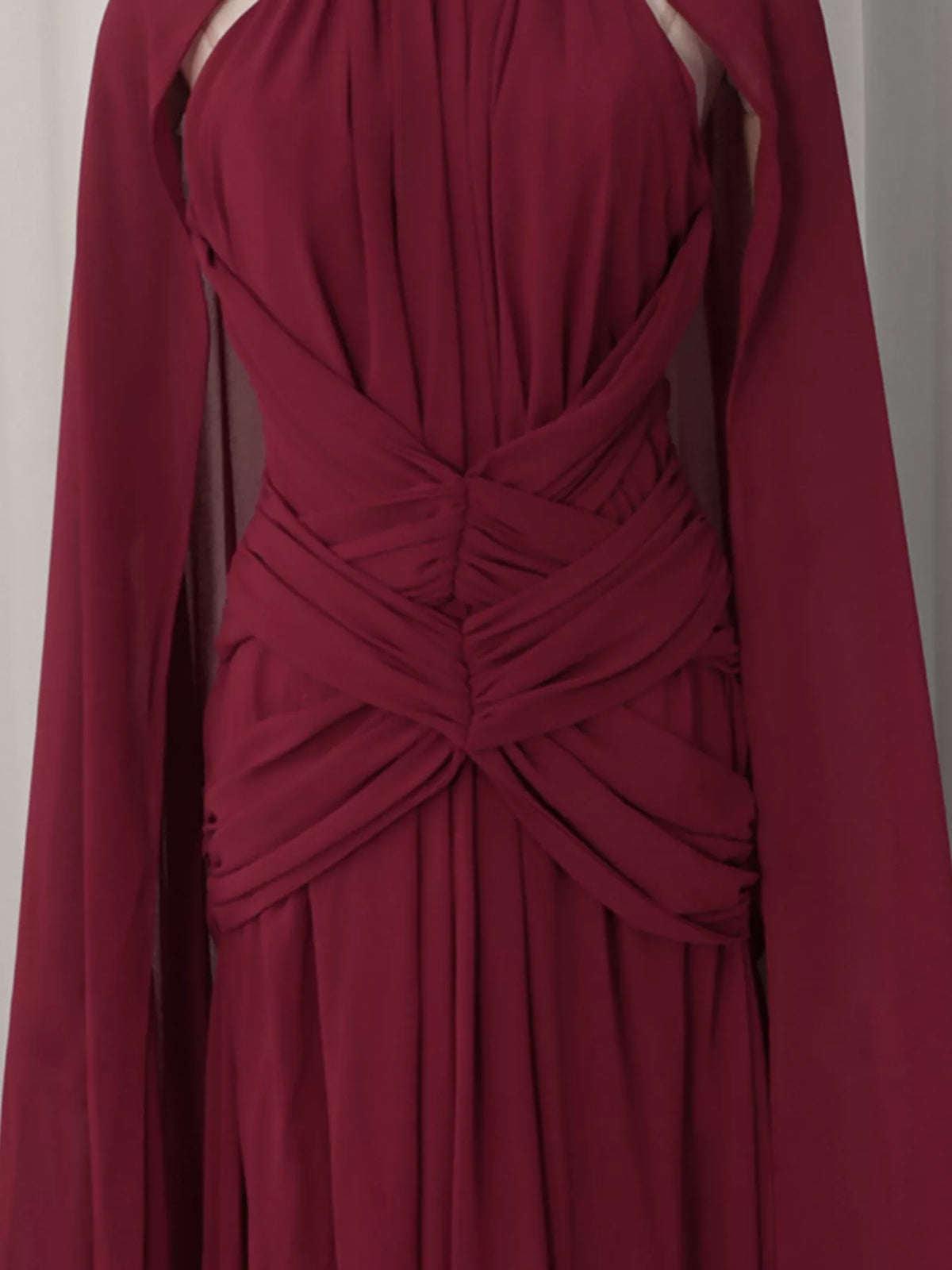 Red Ruched Halter-Neck Cape Maxi Dress