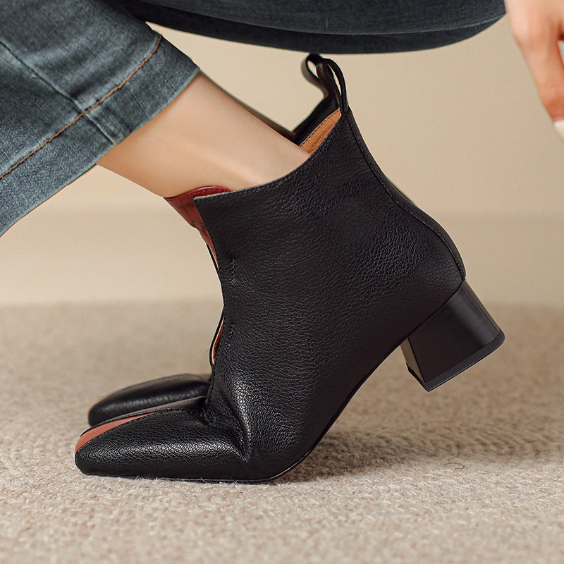Women's Retro Square-Toe Sheepskin Ankle Boots | Chunky Heel Side-Zip