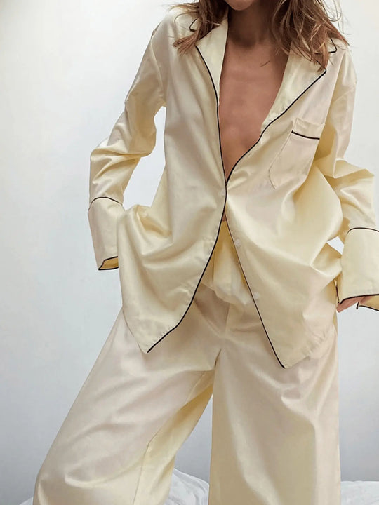 Another view: Contrast Trim Button Up Top and Pants Lounge Set