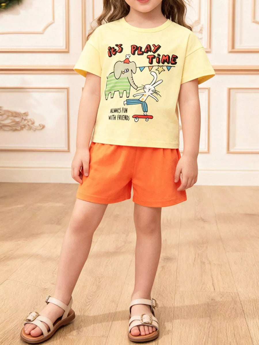 Kids' Cartoon Graphic Tee & Shorts Set — Yellow