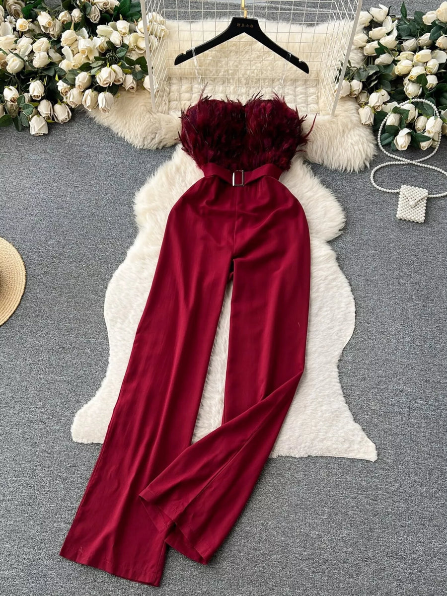 Feather-Trim Strapless Belted Wide-Leg Jumpsuit