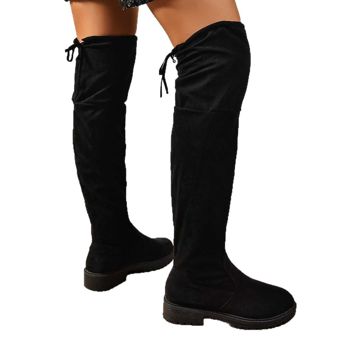 Women's Elastic Thick Sole Knee High Boots – Slip-On Square Heel Suede Over-the-Knee Boot