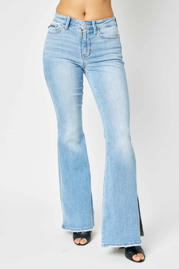 Judy Blue Parker Mid-Rise Raw-Hem Slit Flare Jeans — product view 1