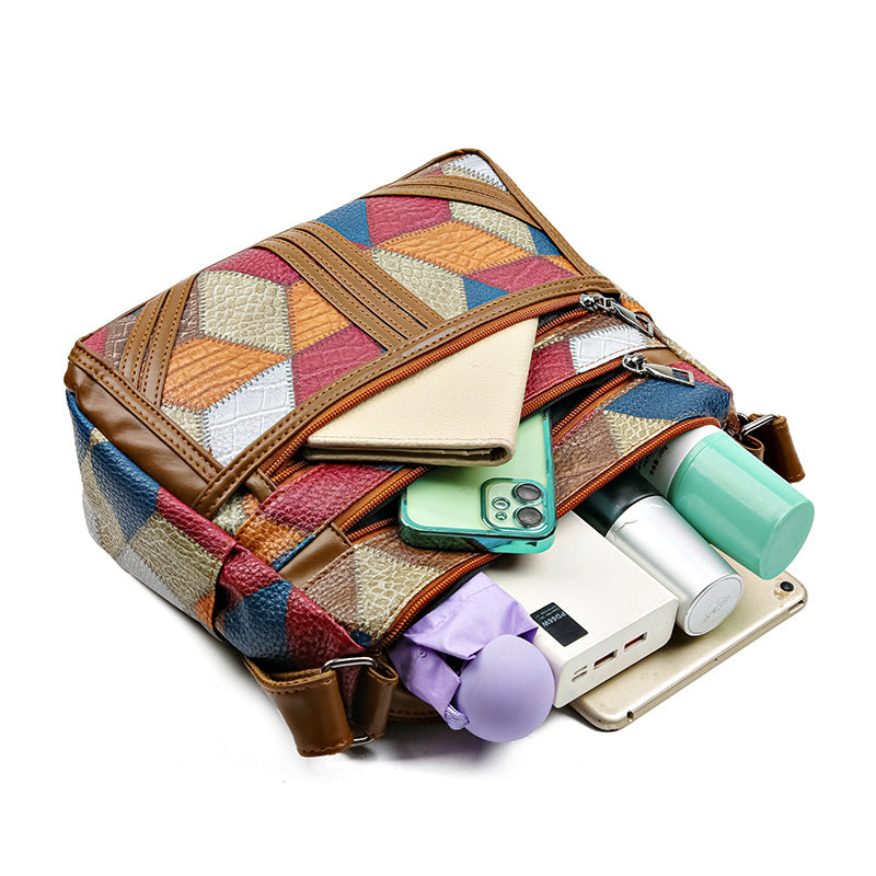 Women's Color-Block Patchwork Crossbody Bag | Multi-Layer PU Leather Shoulder Bag
