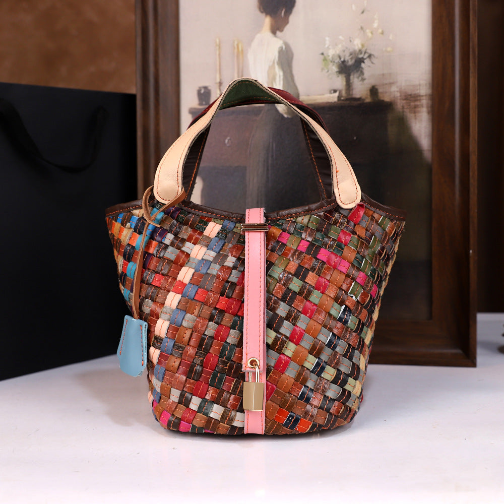 Genuine Leather Crossbody Bucket Bag for Women - Minimalist Woven Bucket Bag with Adjustable Strap