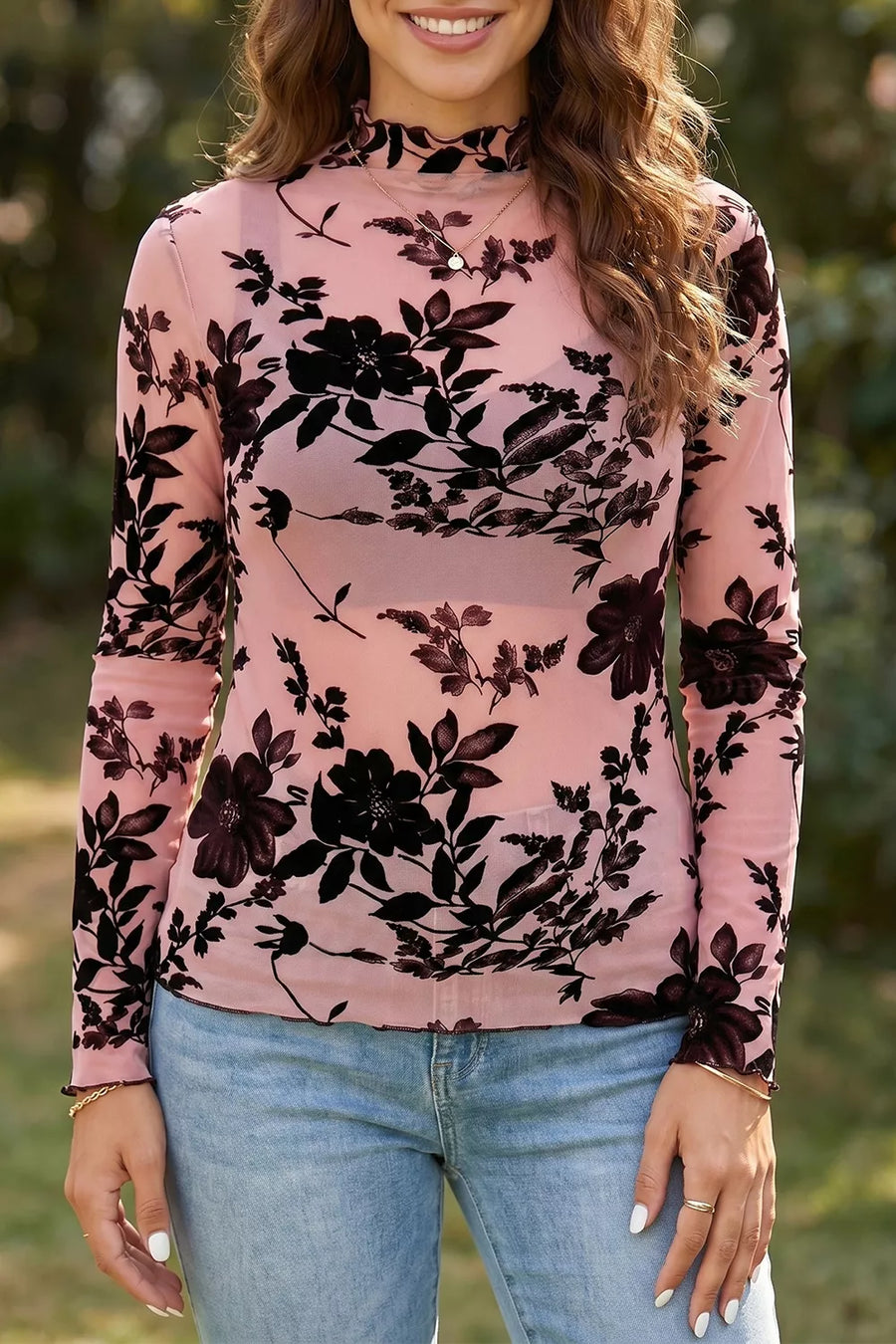 Floral Mesh Long-Sleeve Pullover Blouse — Dusty Pink