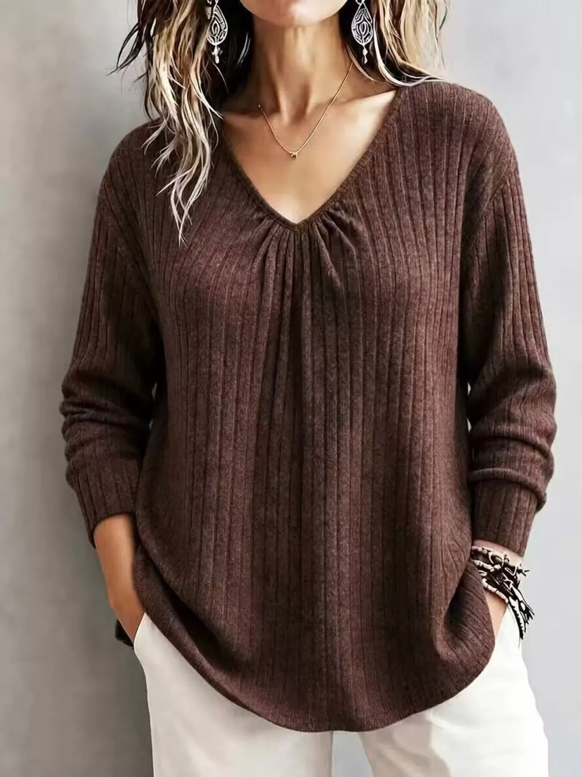 Women's Ribbed V-Neck Long-Sleeve Top — photo 7