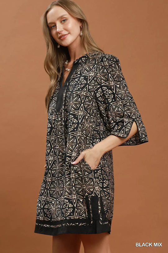Another view: Umgee Mix Geometric Print V-Neck Tassel Detail Tunic Dress