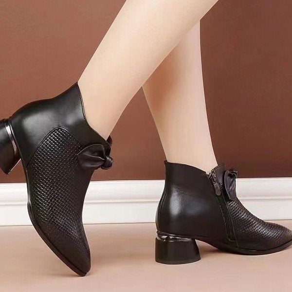 Women's Pointed Toe Chunky Heel Ankle Boots with Side Zipper & Bow Detail