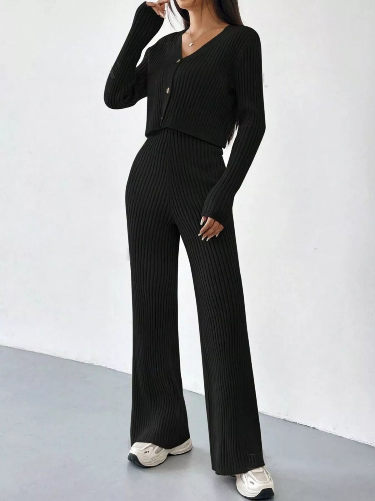 Ribbed-Knit Button-Up Top & Pants Set
