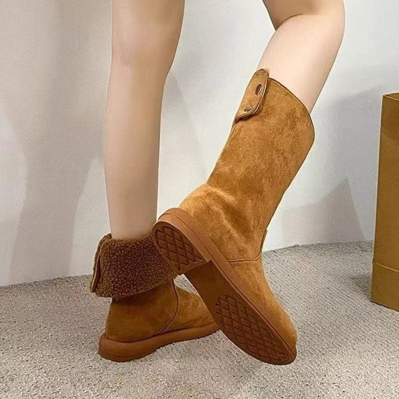 Women's Warm Mid-Calf Boots with Cotton Lining - Winter Slip-On Boots