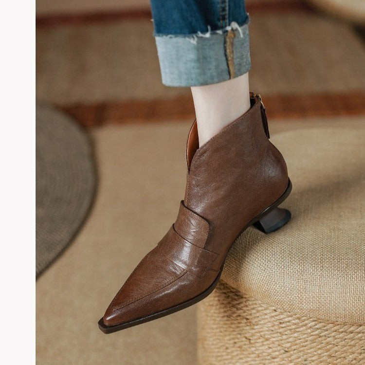 Women's French-Style Vintage Pointed-Toe Mid-Heel Ankle Boots | Back Zip | PU Leather
