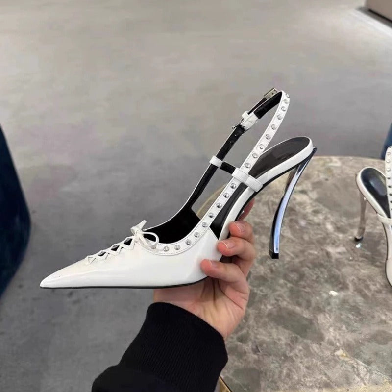 Women's Pointed-Toe Stiletto Heels | Rivet-Back Lace-Up High Heels | Black & White