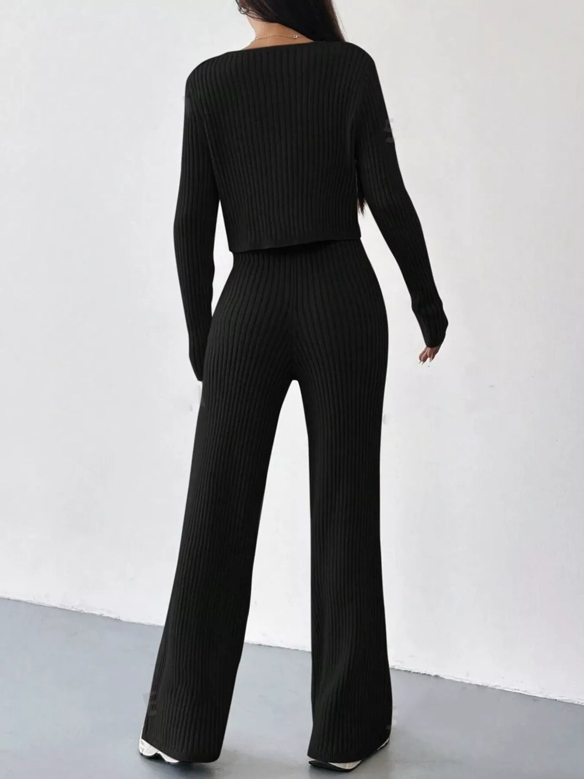 Ribbed-Knit Button-Up Top & Pants Set