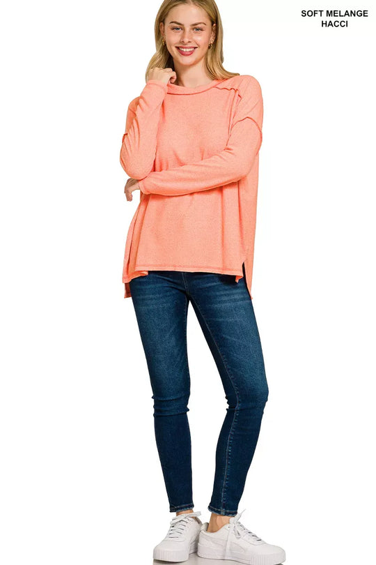 Another view: Curve Melange Hacci Exposed Seam High-Low Tee — Coral