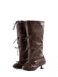 Women's Retro Thigh-High Ballet Boots with Bow Tie Straps - Square Toe Low Heel Fashion Boots