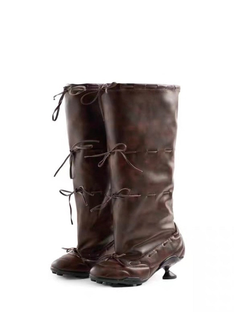 Women's Retro Thigh-High Ballet Boots with Bow Tie Straps - Square Toe Low Heel Fashion Boots