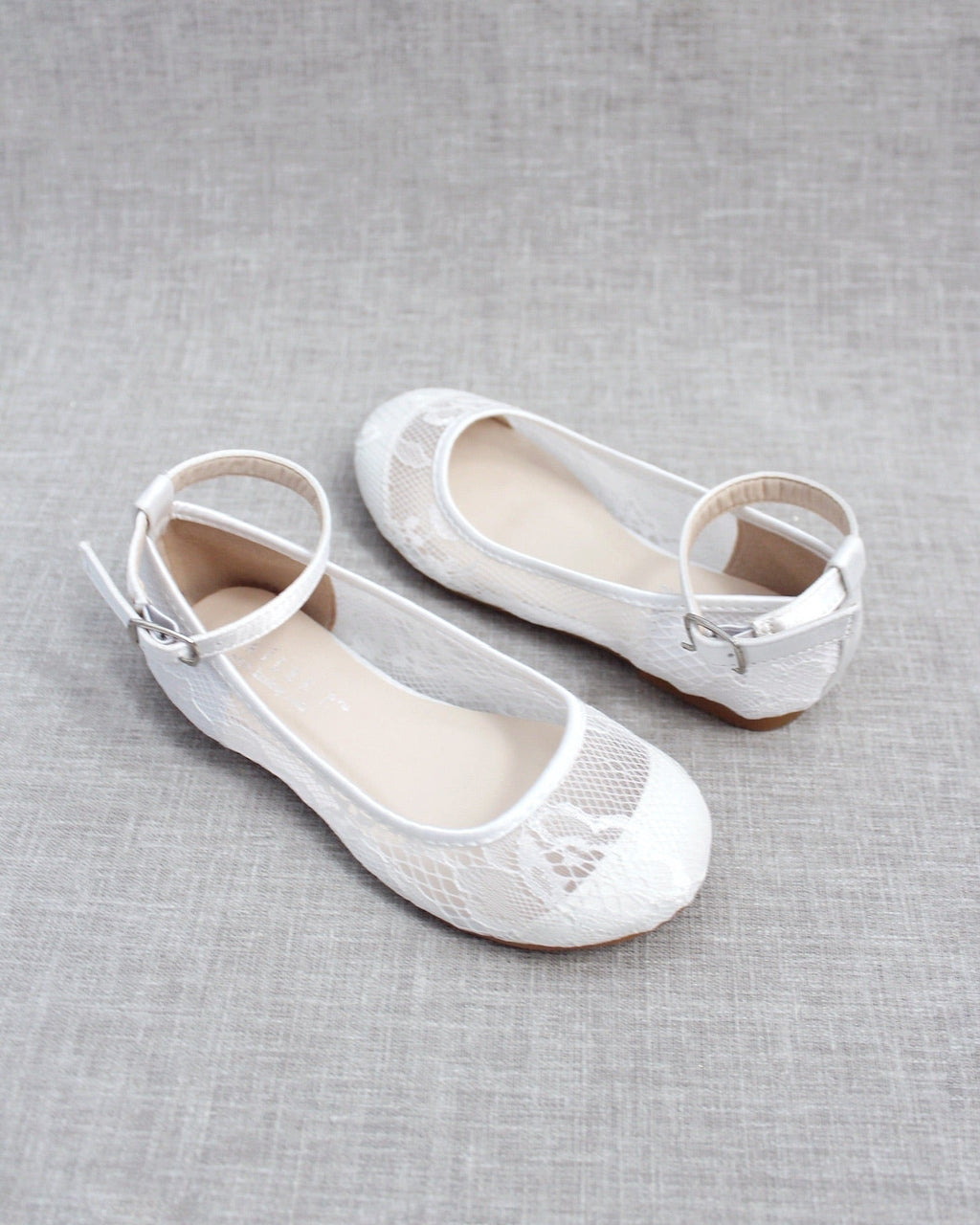 White New Lace Ballet Flats with Ankle Strap